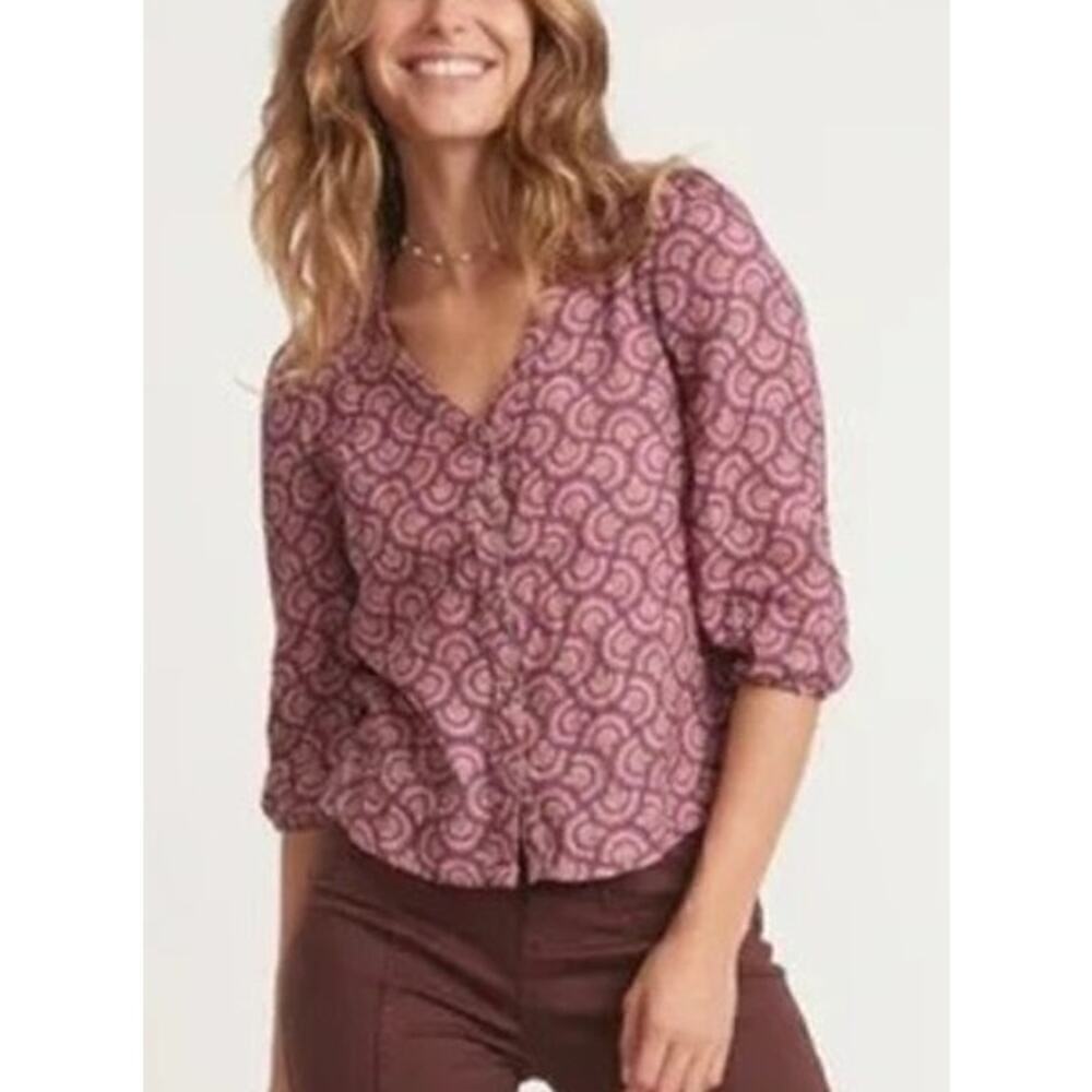 Marine Layer Colette Top Printed Doublecloth Fan Block Print Pink Purple NWT S